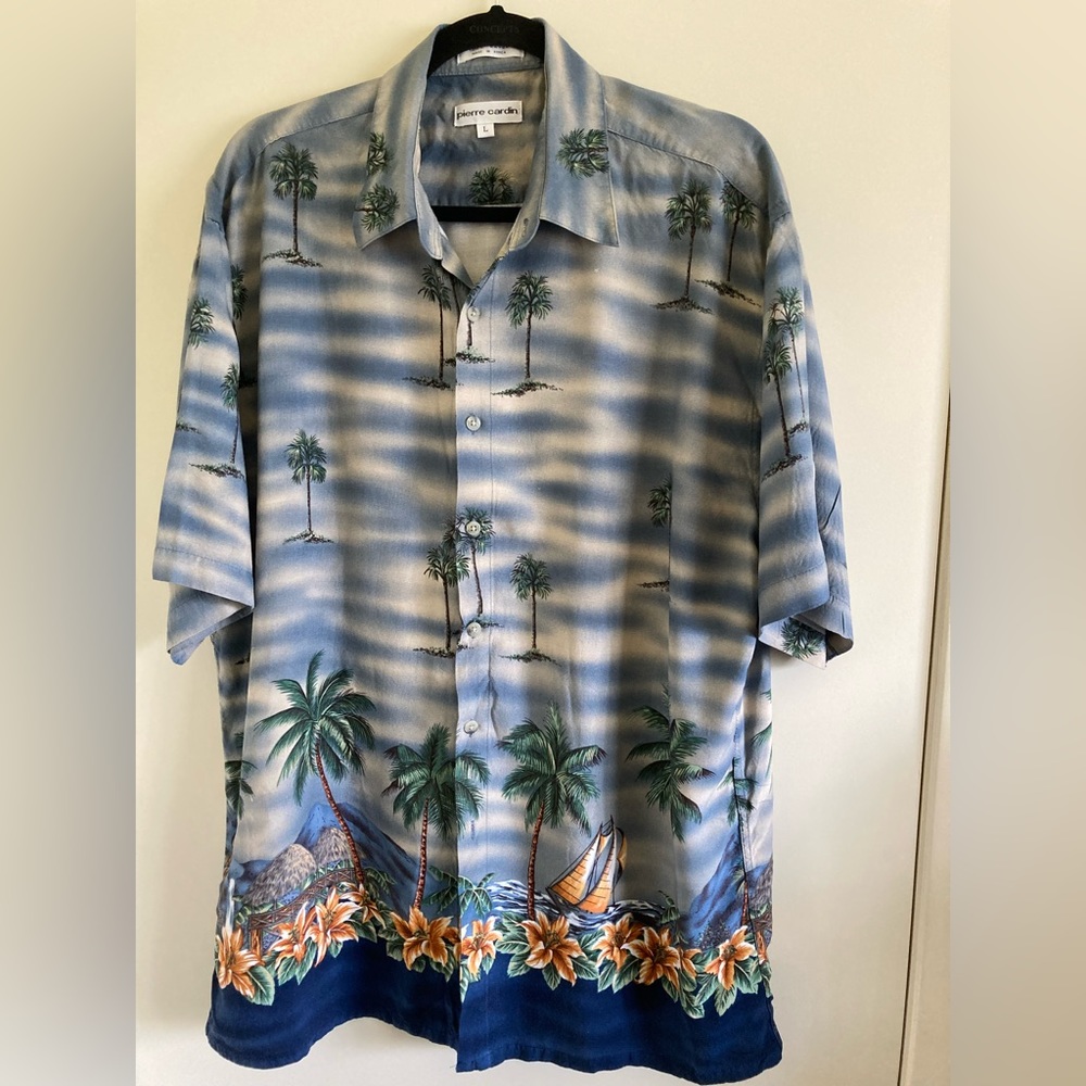 Pierre Cardin Hawaiian Shirt Palm Tree Short Sleeve 100% Rayon Mens Size L